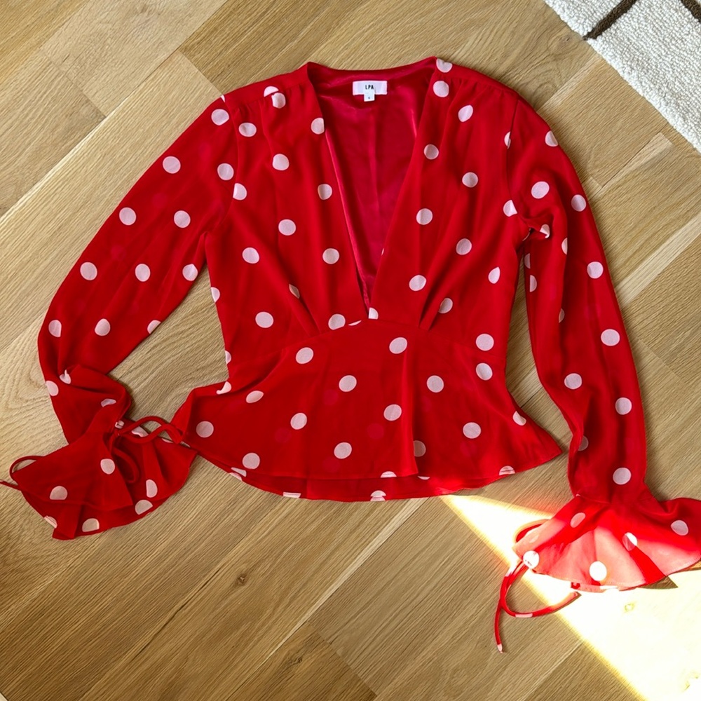 LPA red polka dot top, size small